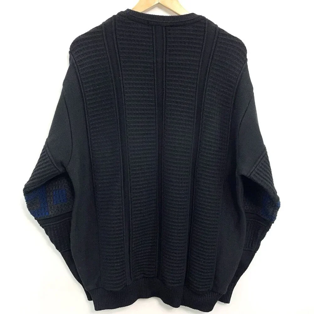 Vintage Tosani Crew Neck Sweater Chunky Waffle Knit Geometric Wool Black Mens XL